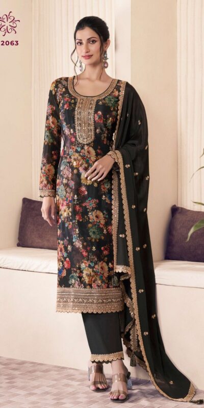 Black Vichitra Digital Print Embroidery Work Salwar Suit