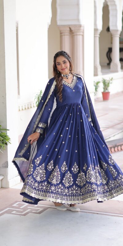 Blue Vichitra Silk Sequins Work Gown