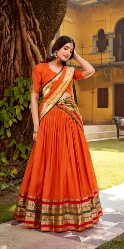 Orange Pure Chanderi Zari Weaving Work Lehenga Choli