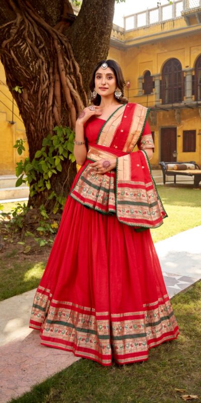Red Pure Chanderi Zari Weaving Work Lehenga Choli