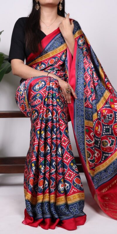 Blue Gaji Silk Patola Print Lagadi Patta Saree