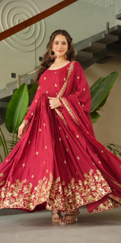 Red Chinon Zari Embroidery Work Gown