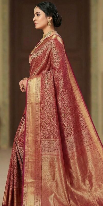 Maroon Lichi Silk All Over Border Work Saree