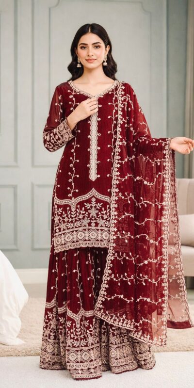 Maroon Fendy Silk Embroidery Work Salwar Suit