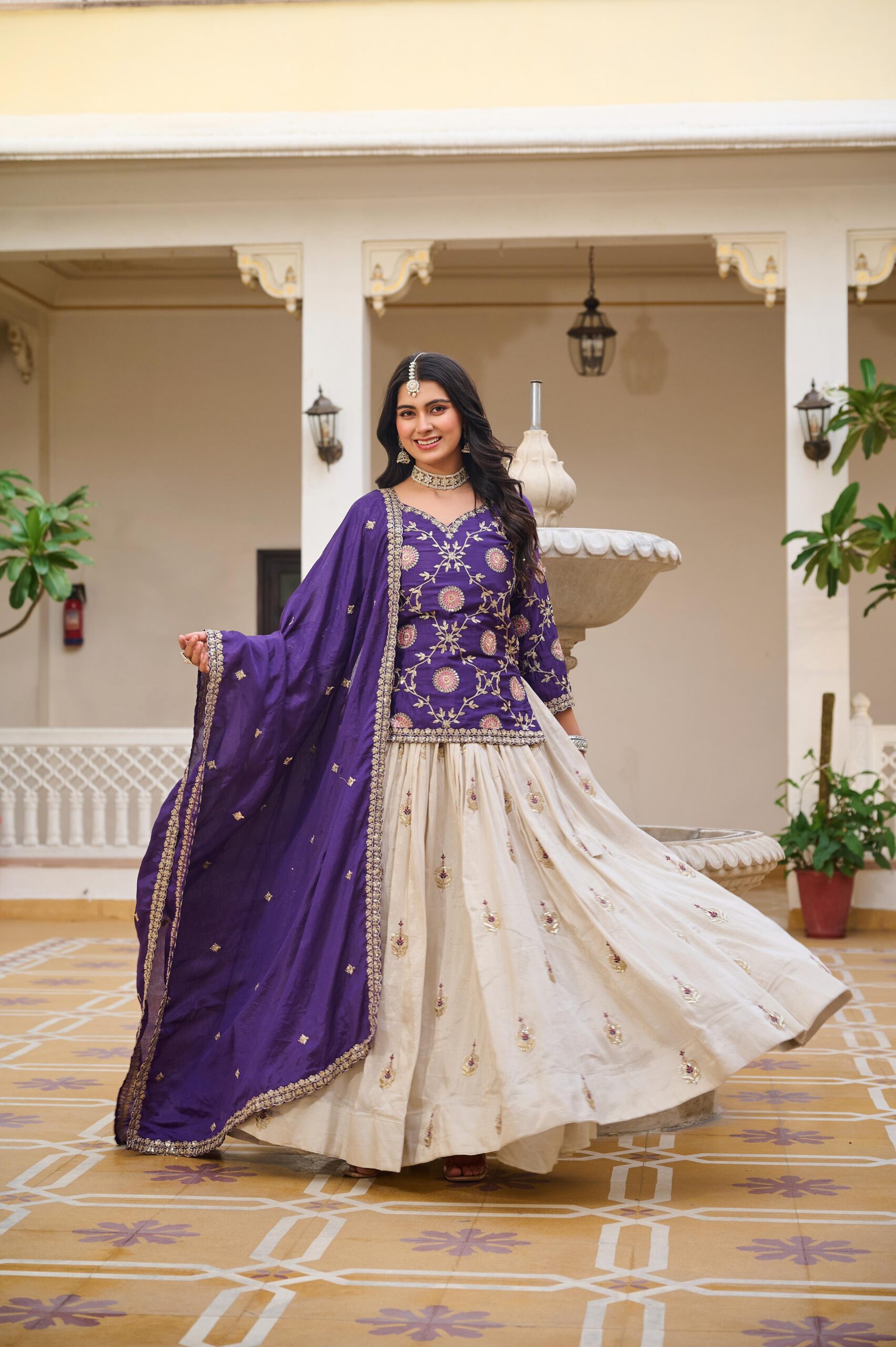 Dark Purple Pure Chinon Embroidery Work Lehenga Choli - Image 2