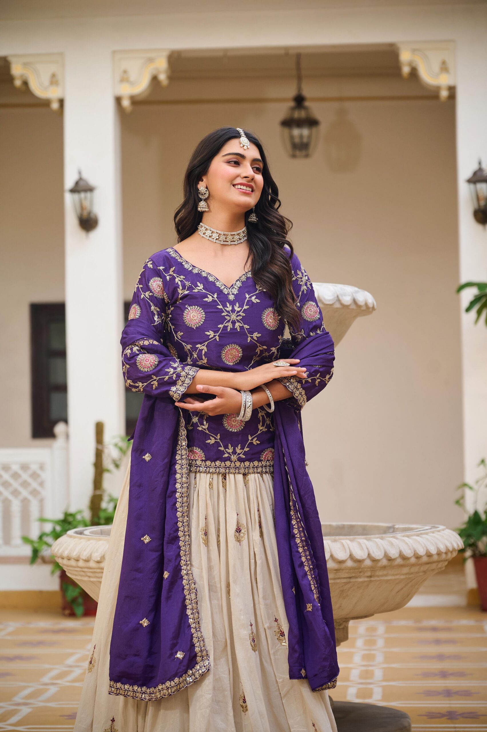Dark Purple Pure Chinon Embroidery Work Lehenga Choli - Image 3