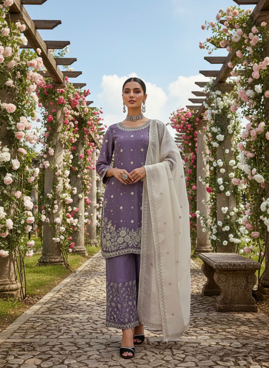 Lavender Organza Silk Thread Work Salwar Suit