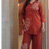 Red Cotton Slub Embroidery Work Kurti