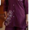 Wine Cotton Slub Embroidery Work Kurti