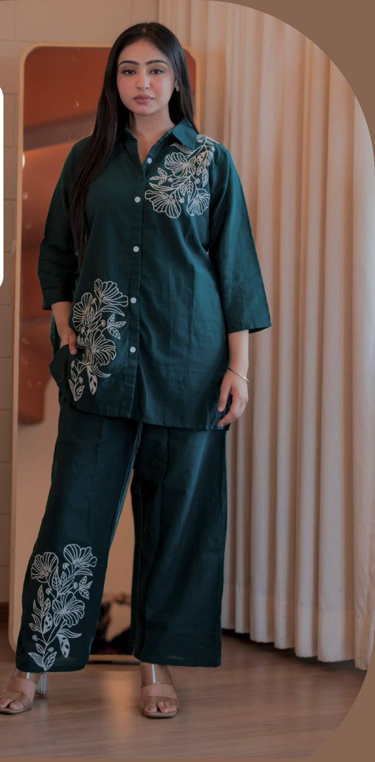 Teal Cotton Slub Embroidery Work Kurti