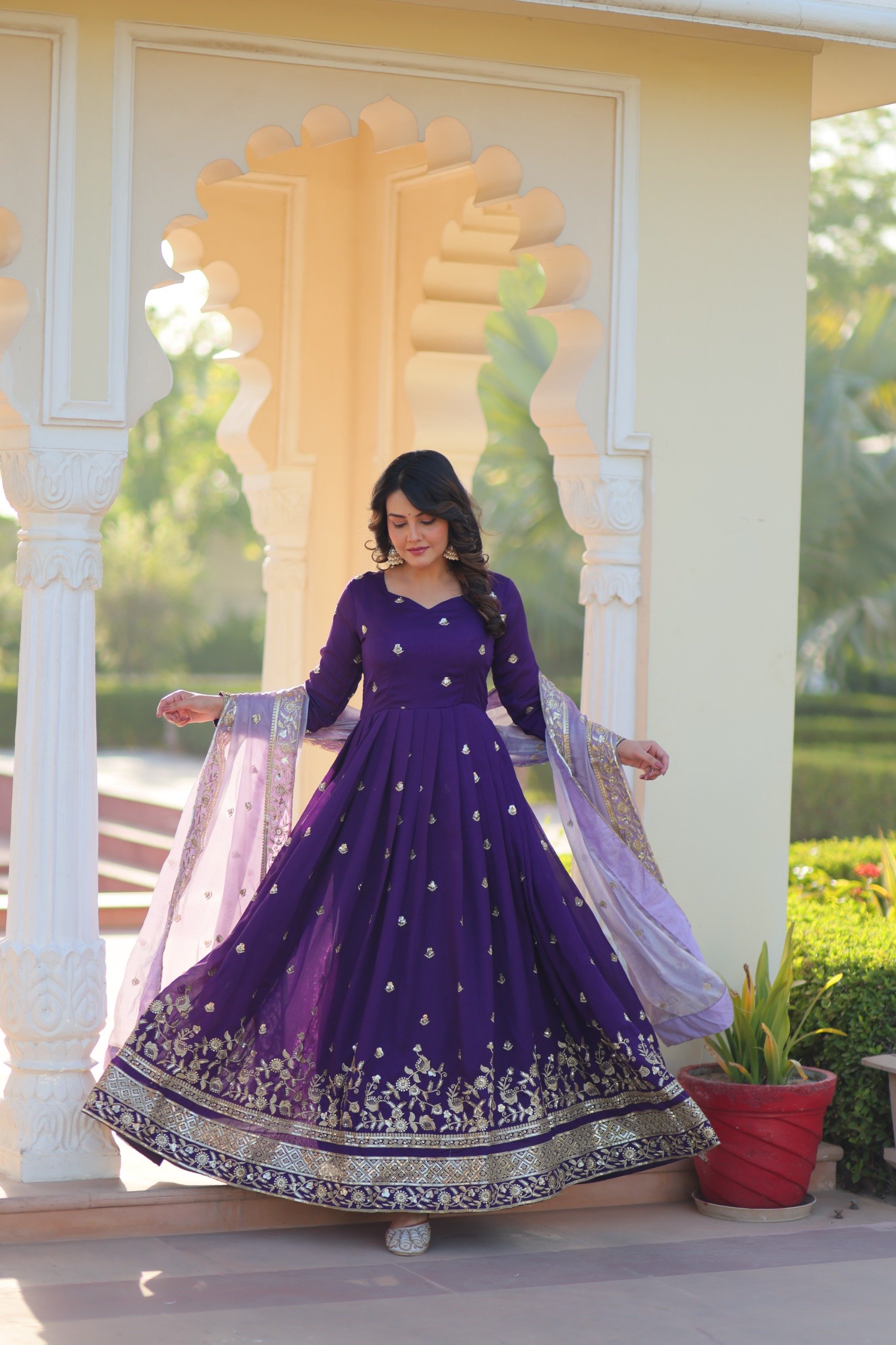 Purple Star Georgette Zari Embroidery Work Gown - Image 6