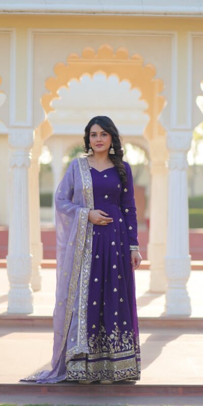 Purple Star Georgette Zari Embroidery Work Gown