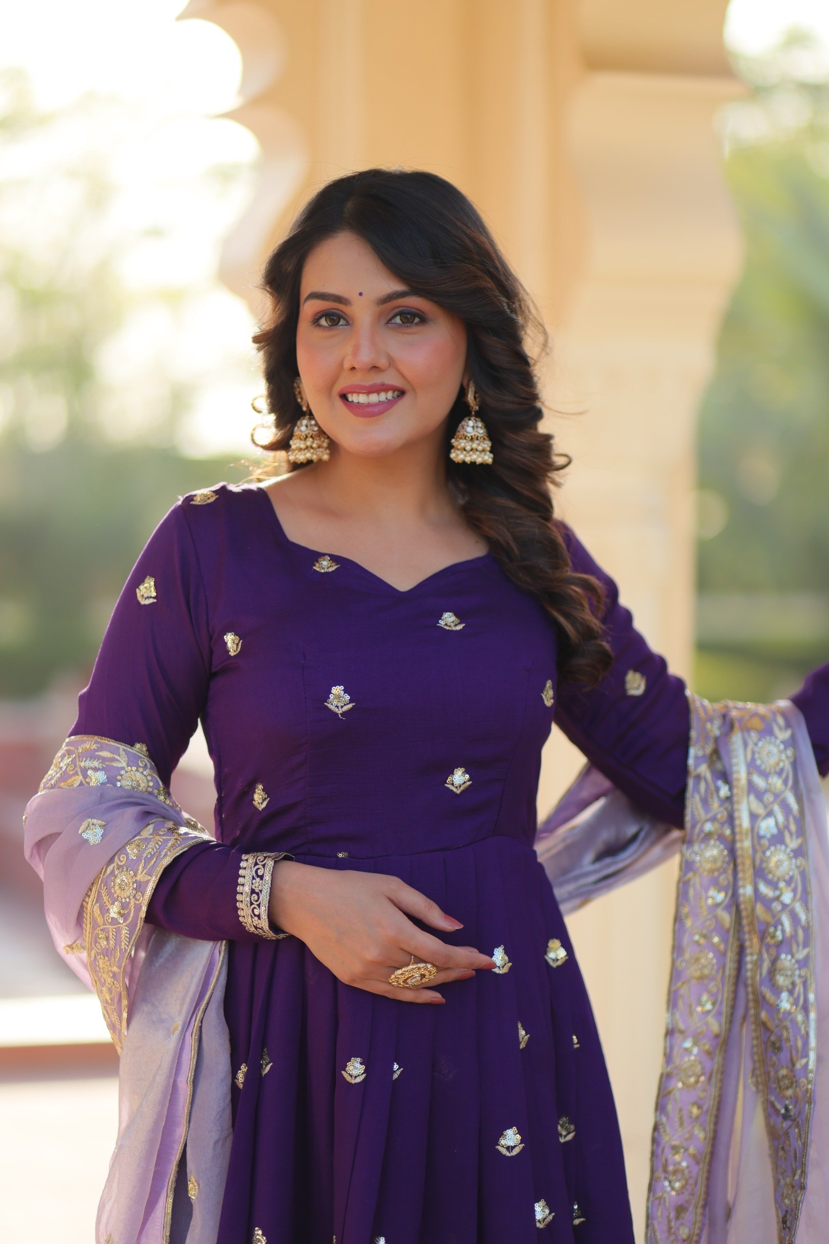 Purple Star Georgette Zari Embroidery Work Gown - Image 2