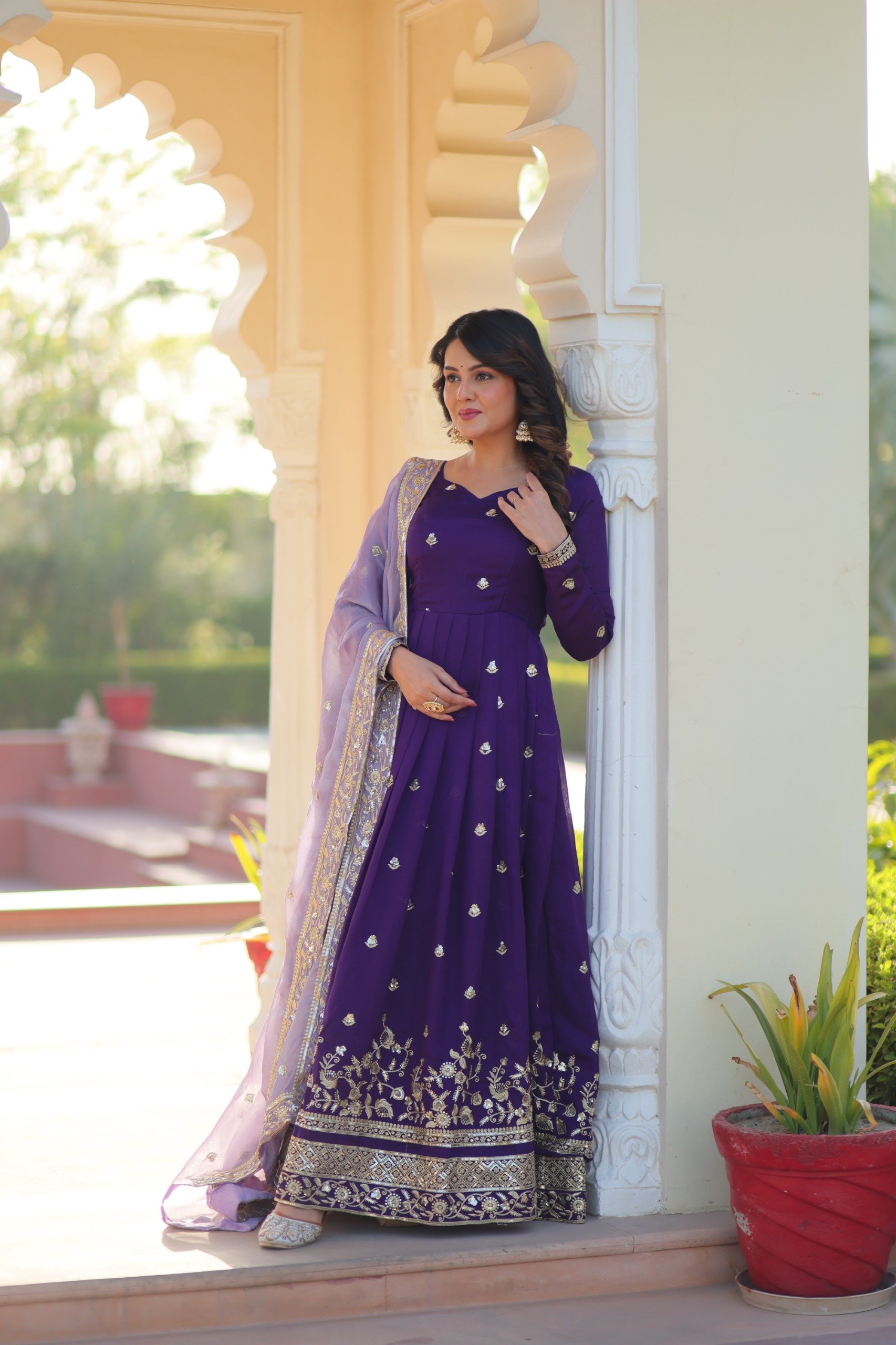 Purple Star Georgette Zari Embroidery Work Gown - Image 3