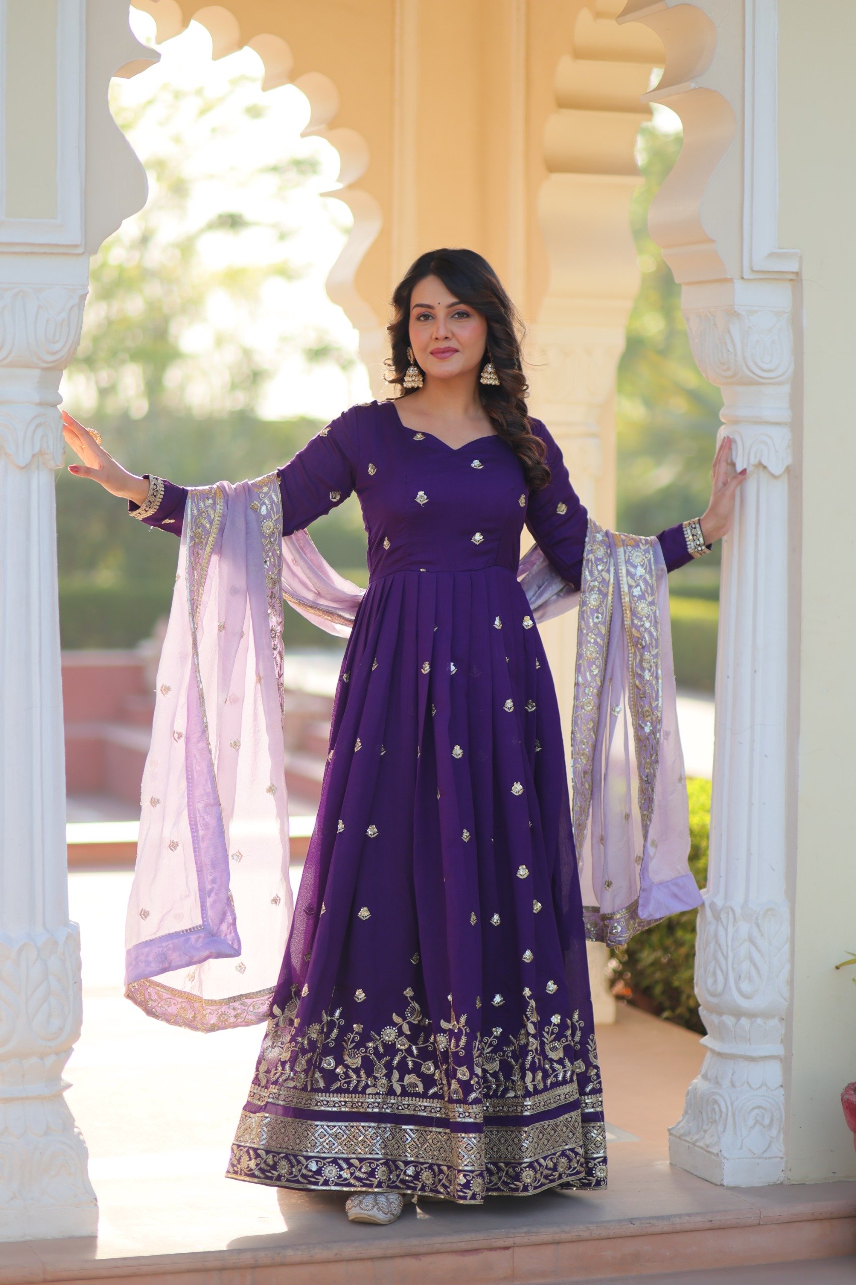 Purple Star Georgette Zari Embroidery Work Gown - Image 4