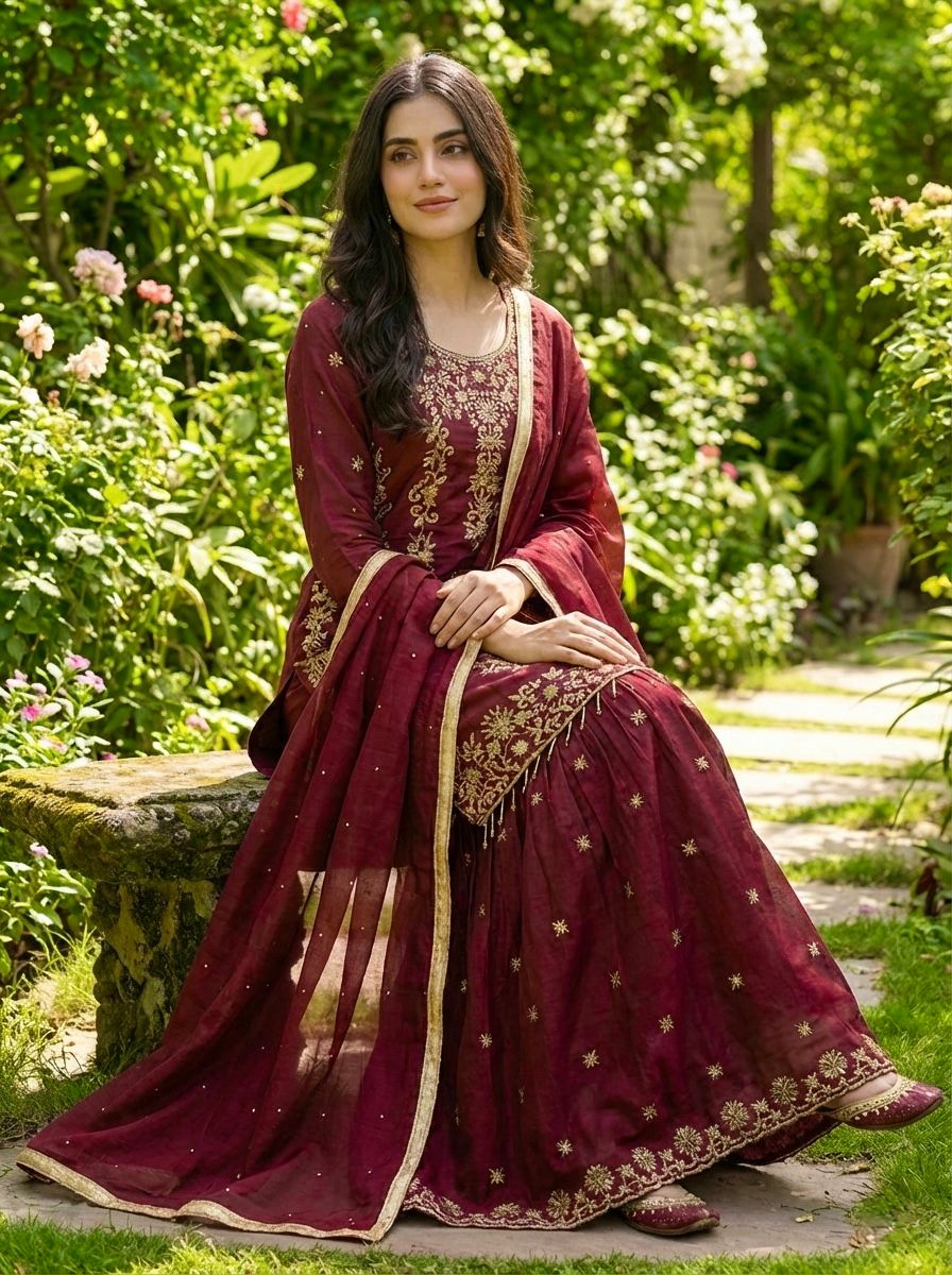 Maroon Organza Silk Sequence Work Salwar Suit - Image 3