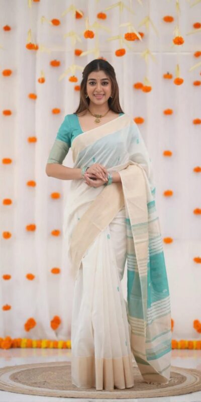 Firozi Soft Lilan Slab Lace Border Work Saree