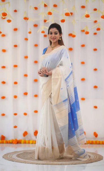 Blue Soft Lilan Slab Lace Border Work Saree