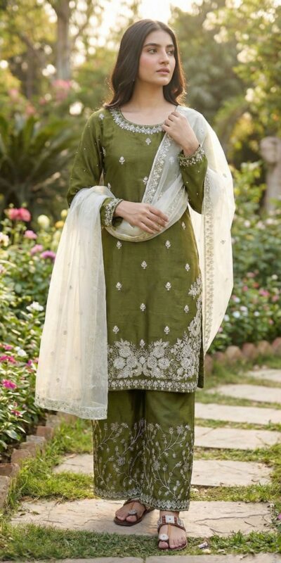 Mahendi Organza Silk Lace Embroidery Work Salwar Suit