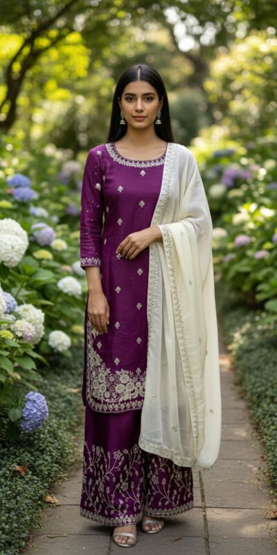 Wine Organza Silk Lace Embroidery Work Salwar Suit