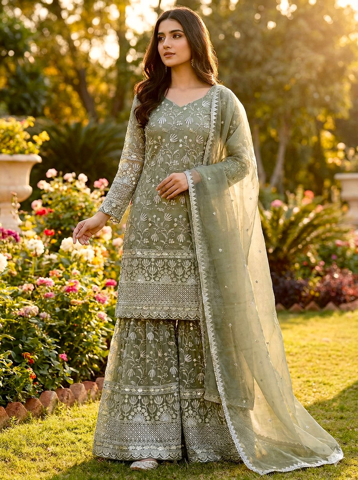 Mahendi Pure Organza Silk Embroidery Work Salwar Suit