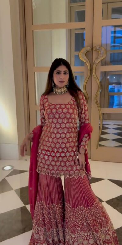 Red Faux Georgette Sequence Thread Work Salwar Suit