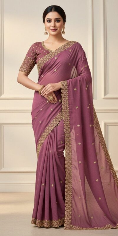 Onion Star Georgette Embroidery Work Saree