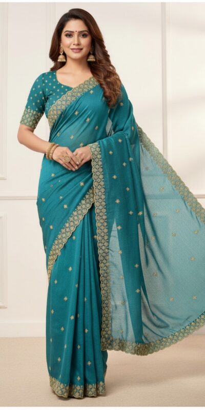 Teal Star Georgette Embroidery Work Saree