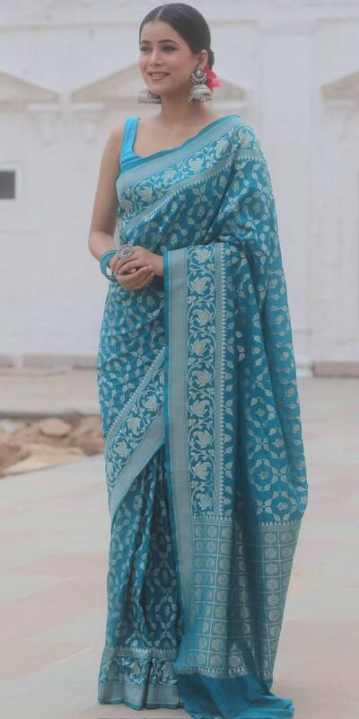 Sky Blue Lichi Silk Jacquard Border Work Saree