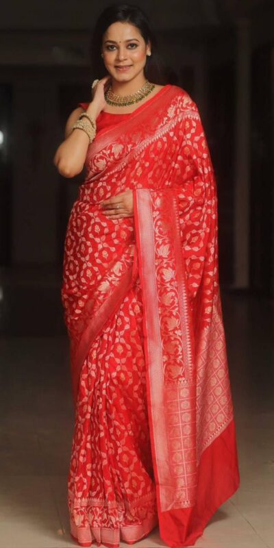 Red Lichi Silk Jacquard Border Work Saree