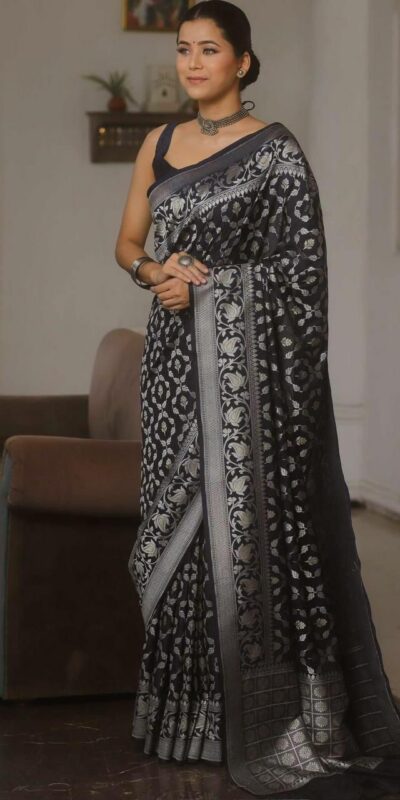 Black Lichi Silk Jacquard Border Work Saree