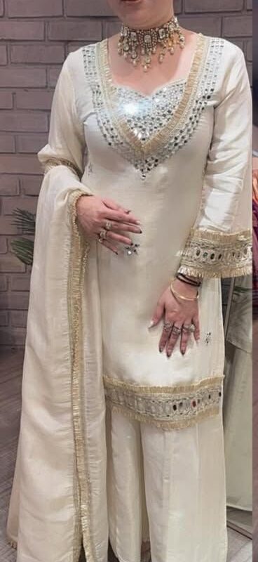 Off White Cosmos Embroidery Mirror Work Salwar Suit