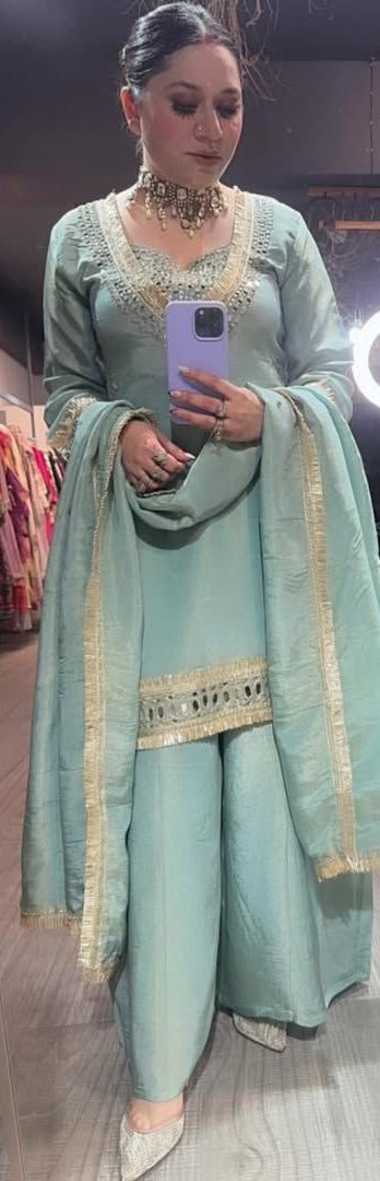 Sky Blue Cosmos Embroidery Mirror Work Salwar Suit - Image 2