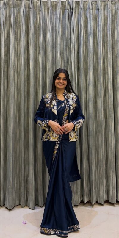 Peacock Blue French Crape Embroidery Work Saree