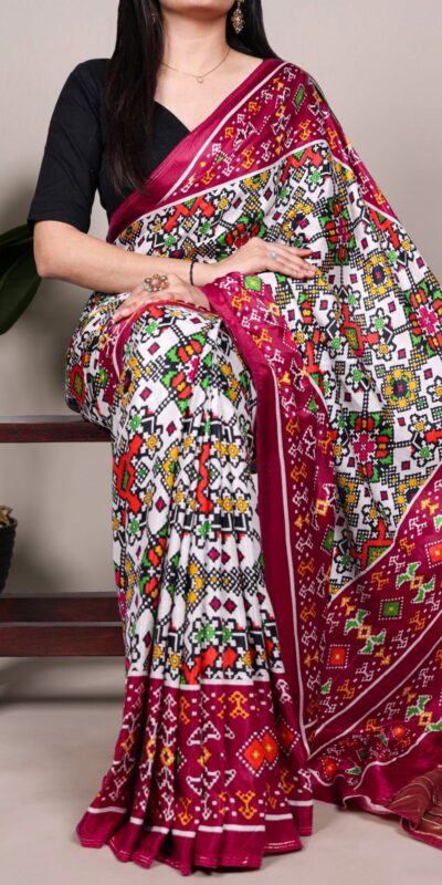 White Gaji Silk Patola Print Lagadi Patta Saree