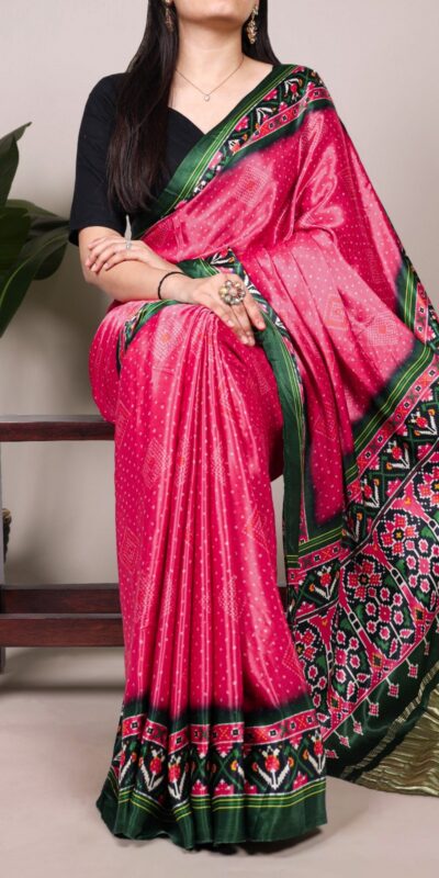Pink Gaji Silk Patola Print Lagadi Patta Saree