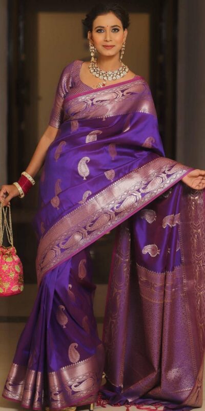 Purple Lichi Silk Border Lace Work Saree