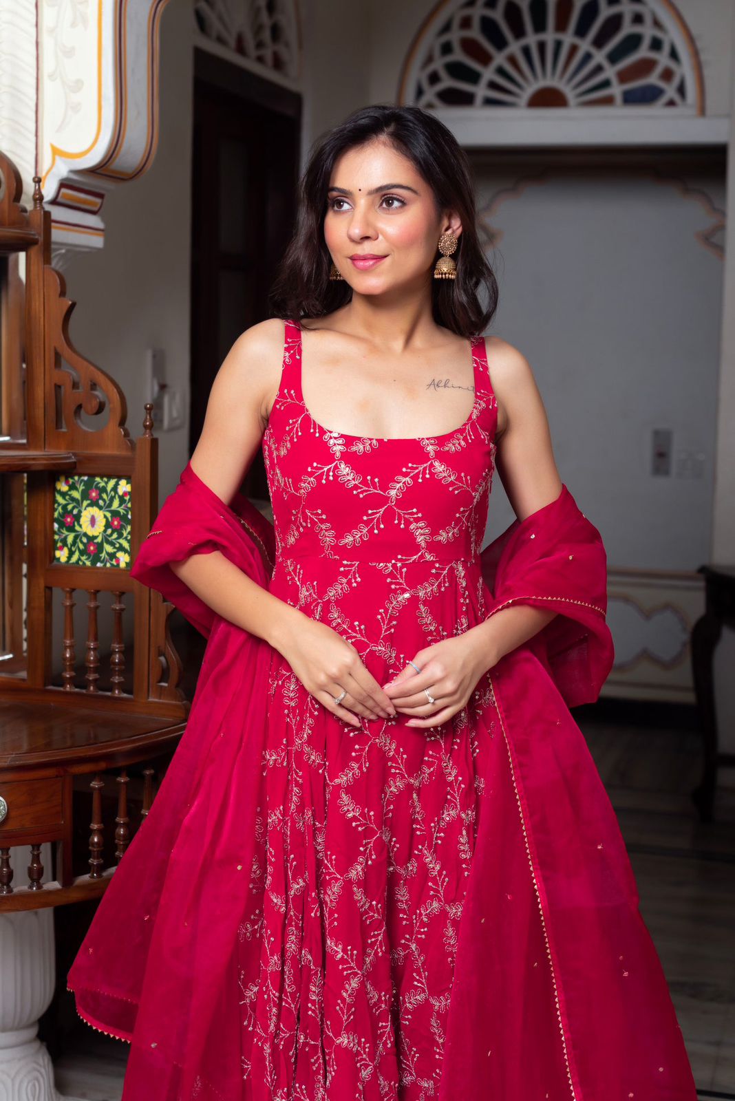 Red Faux Georgette Lace Work Anarkali Suit - Image 2