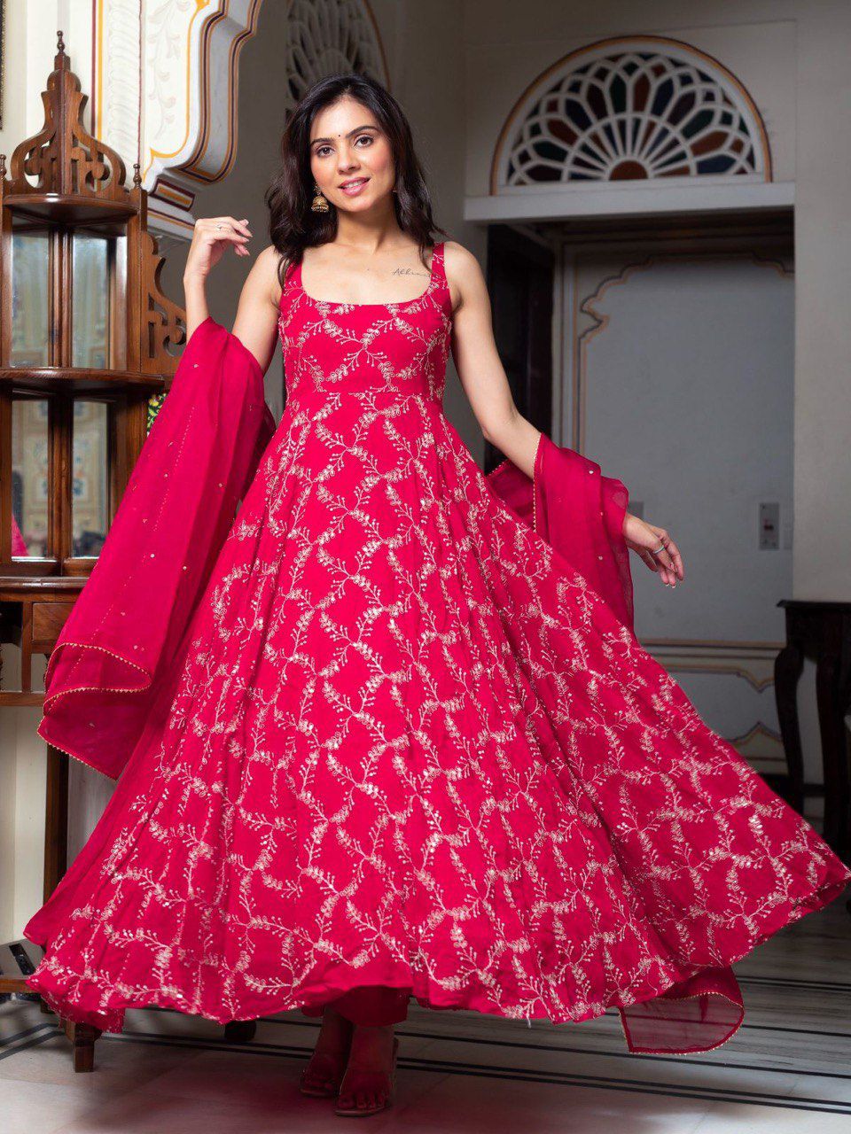 Red Faux Georgette Lace Work Anarkali Suit