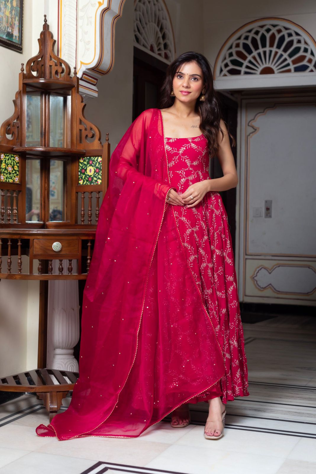 Red Faux Georgette Lace Work Anarkali Suit - Image 3
