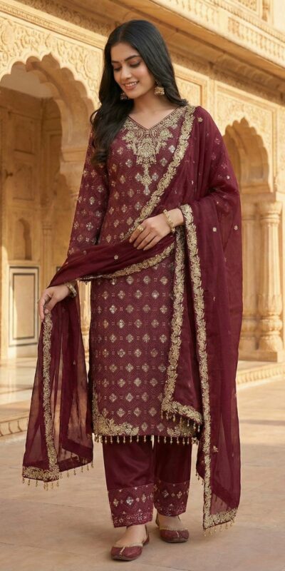 Maroon Pure Organza Silk Sequence Work Salwar Suit