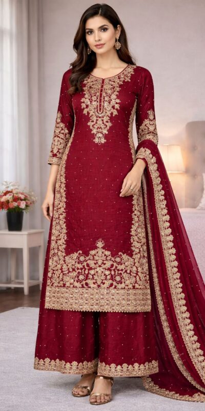 Maroon Organza Silk Embroidery Work Salwar Suit