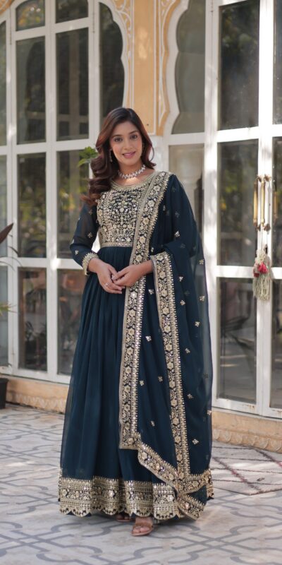 Teal Faux Blooming With Embroidery Zari Work Gown