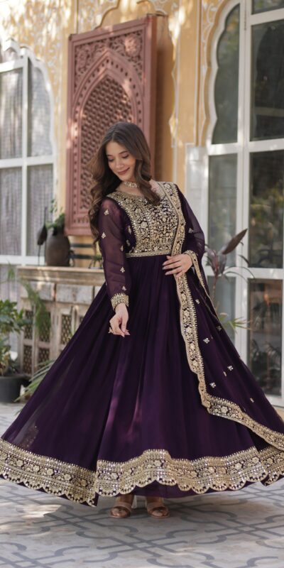 Wine Faux Blooming With Embroidery Zari Work Gown