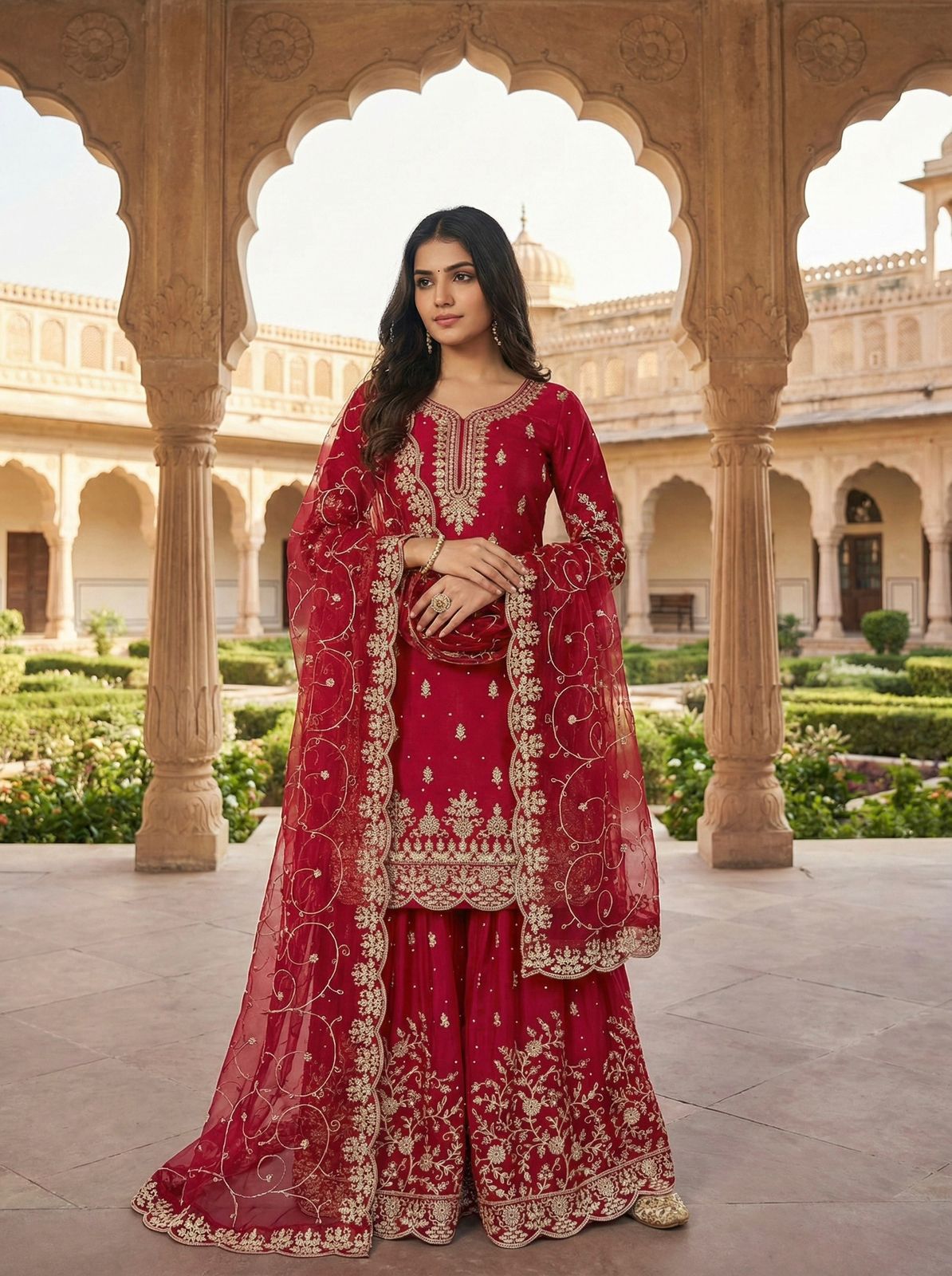 Red Organza Silk Embroidery Lace Work Salwar Suit - Image 5