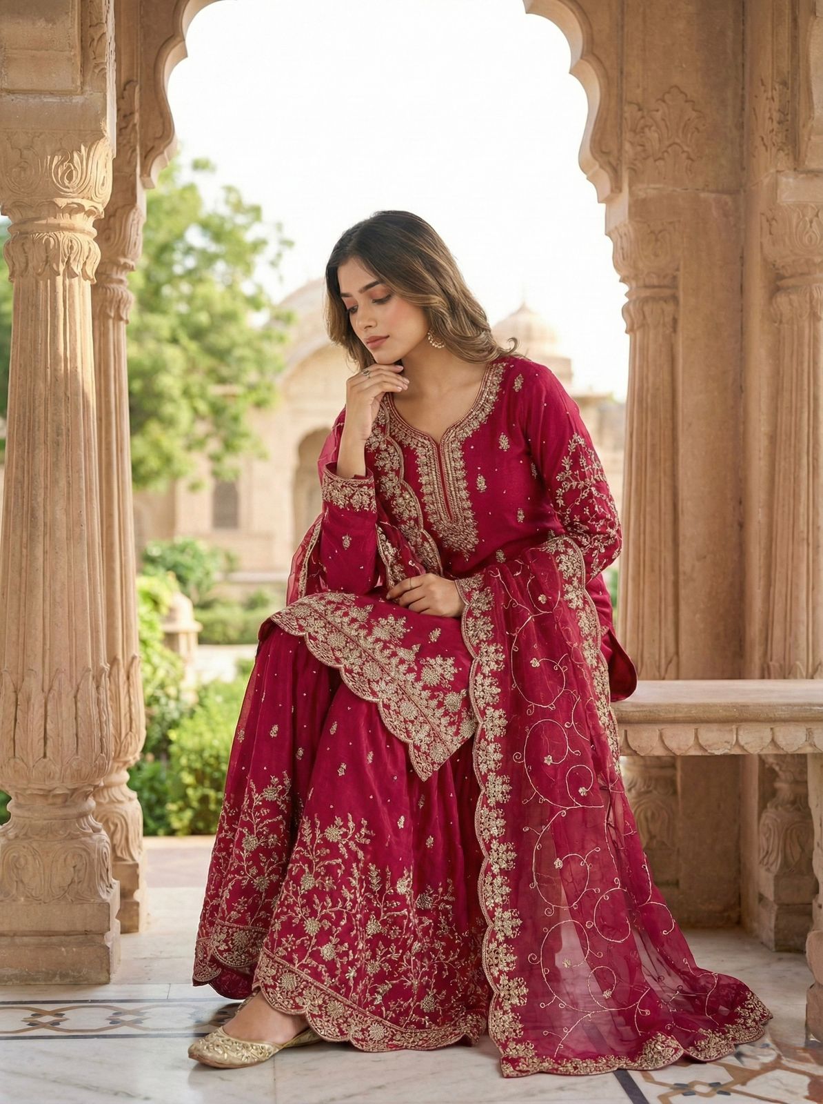 Red Organza Silk Embroidery Lace Work Salwar Suit - Image 6