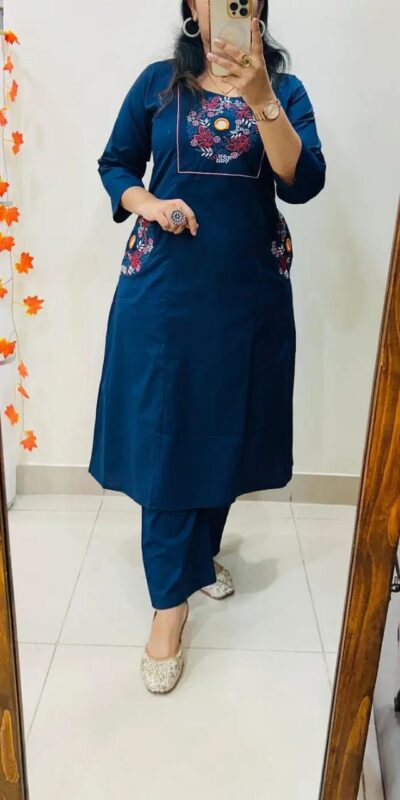 Teal Soft Cotton Slub Embroidery Work Kurti