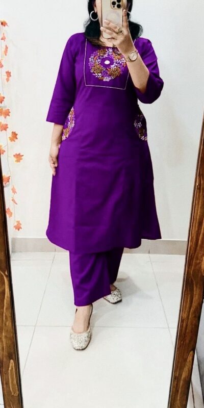 Purple Soft Cotton Slub Embroidery Work Kurti