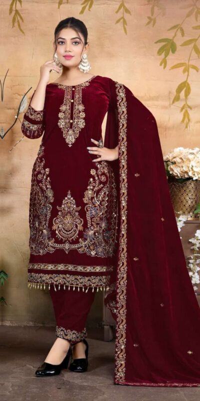 Maroon Velvet Embroidery Lace Work Salwar Suit