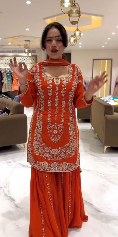 Rust Faux Georgette Lace Work Salwar Suit